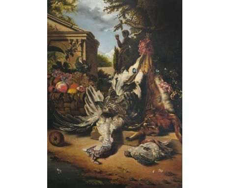 European school: Hunting still life with flowers and fruit in a palace garden, oil on canvas, 19th/20th C.Work: 152 x 112 cm 
