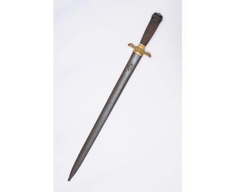 A French gilt bronze mounted hunting knife with an engraved blade and an iron scabbard, marked 'S.H.F.', 19th C.L 76 cm