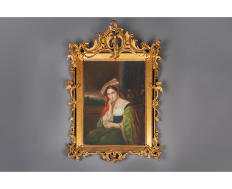 Oriental school: Portrait of a beauty, pastel on paper in an attractive gilt frame, 19th/20th C.Work: 104,5 cm x 74 cm  Frame