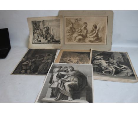 A SMALL QUANTITY OF RELIGIOUS AND MYTHOLOGICAL ENGRAVINGS to include the Virgin Mary with Jesus and an angel playing a violin