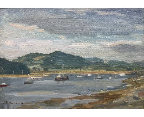 John R Dugmore (British fl.1946-1972): Sailing Boats in a Lake Landscape, oil on board signed and dated '63, 32cm x 45cm