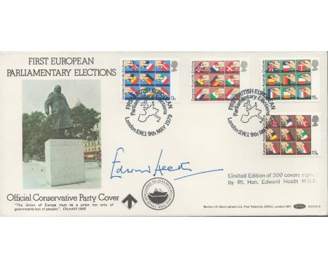 Politician, Edward Heath signed First European Parliamentary Elections FDC featuring 4 official stamps plus 2 post marks dati