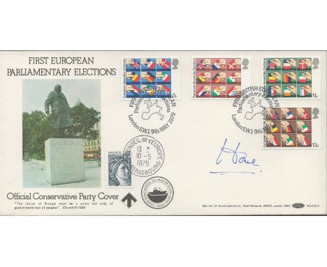 Politician, Geoffrey Howe signed First European Parliamentary Elections FDC featuring 4 official stamps plus 2 post marks dat