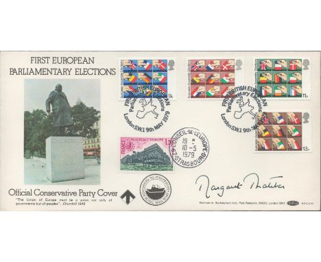 Politician, Margaret Thatcher signed First European Parliamentary Elections FDC featuring 5 official stamps plus 3 post marks