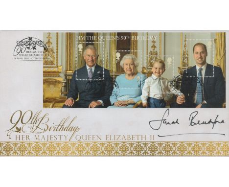 Sarah Bradford signed HM The Queens 90th Birthday Miniature Sheet cover featuring the Royal Family Succession to the Throne P