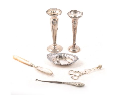 Two silver bud vases with filled bases, Walker and Hall, Sheffield 1907, 16cm, Laurence R Watson &amp; Co, Birmingham 1989, 1