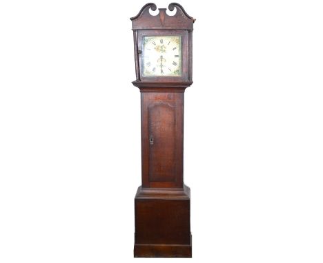 Oak longcase clock, hood with swan-neck pediment, turned and fluted columns, trunk with a long door, plinth base, twelve inch