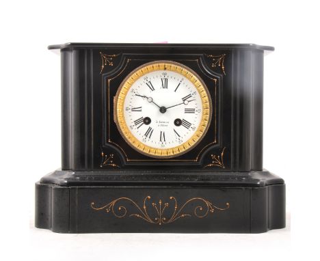 A Victorian slate mantel clock, with gilt detailing, white enamel dial with Roman and Arabic numerals, signed 'L Lorin a Maco