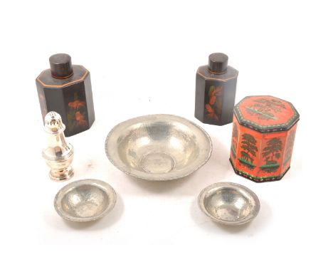 Two Japanese octagonal lacquered caddy jars; tin octagonal tea box, decorated panels; plated baluster sugar caster; and three