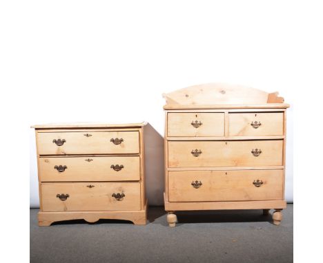 Two Victorian stripped pine chests of drawers, one with raised gallery back, with two short and two long drawers, turned feet