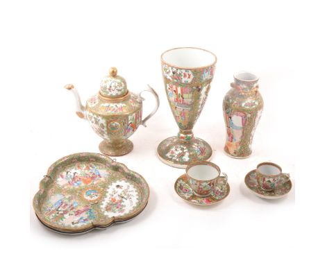 Collection Cantonese famille rose ceramics, including a pedestal lamp base, 38cm, lacking fitment; trefoil tray; three plates