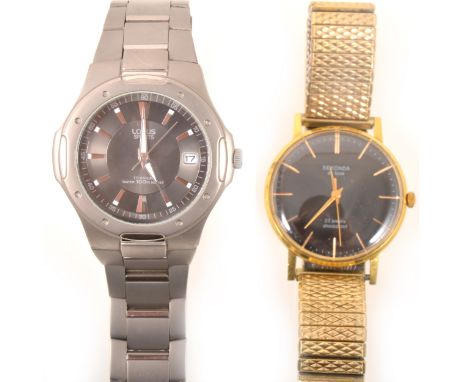 A Gentleman's stainless steel Lorus Sports wristwatch, titanium, 100m waterproof resistant; and a Gentleman's gold-plated Sek