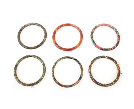 Five 1930's polychrome bakelite bangles, 6.5mm, internal diameter 70mm, and one 7.7mm faux tortoiseshell bangle set with past