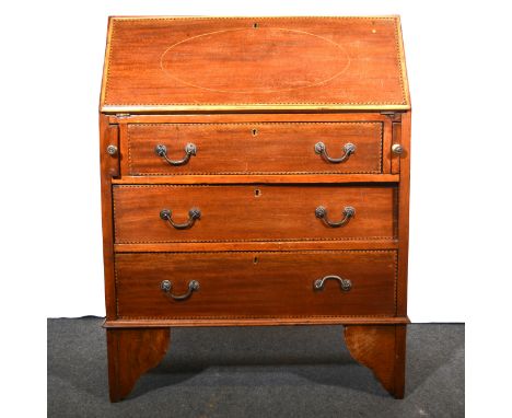 An Edwardian walnut inlaid bureau, part fitted interior, above three drawers, bracket feet, width 74cm, depth 39cm, height 96