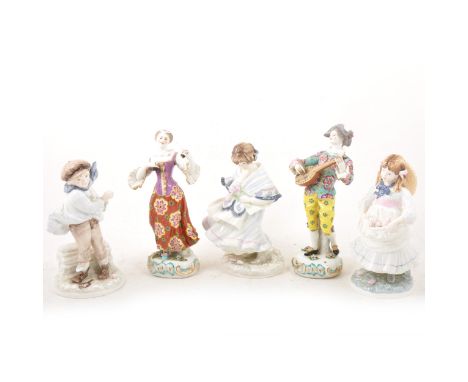 Pair of Continental hard-paste porcelain figures of musicians, 201.5cm; three Coalport figures of the year, a Doulton figure 