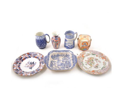 Three boxes of assorted household china and glass wares, glass decanter, ceramic jardinieres, china plates, commemorative cup