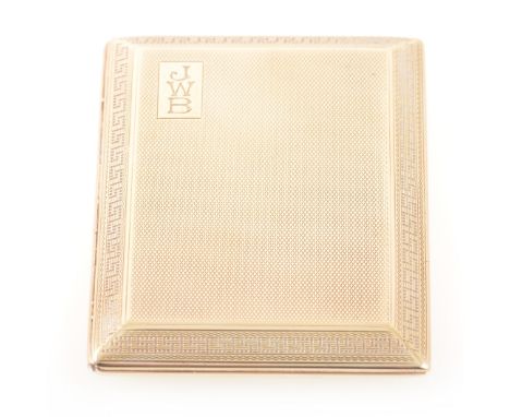 A 9 carat yellow gold engine turned cigarette case with Greek key border by Stephen J Rose London 1927, slide action to open,