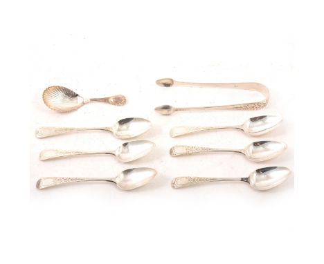 Six similar Georgian silver bright cut teaspoons, five by William Bateman I, London 1825, one by William Woodman, Exeter 1823