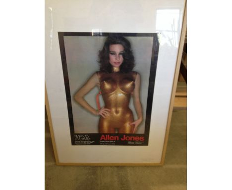 A large pine framed & glazed poster print of a woman in gold. Allen Jones ICA exhibition 1978. 102 x 72cm.  