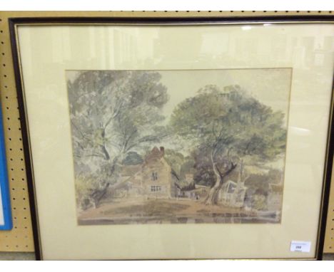 A framed & glazed print of a riverside cottage scene. 46 x 55cm.  