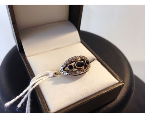 Art deco style 9ct gold ring set with 3 sapphires and diamonds weight approx 3.4g size T.  