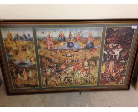 A large framed & glazed print of 'The Garden of Delights' by Hieronymus Bosch. 66 x 112cm.  