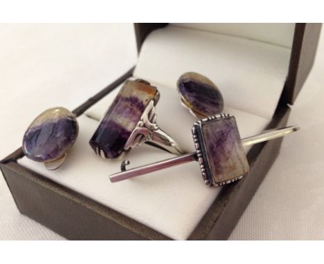A Blue John set ring, brooch & earrings. Pin broken on brooch.  