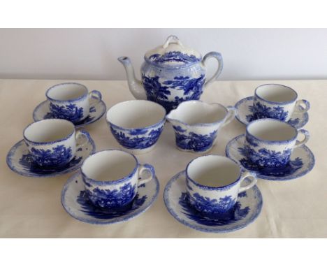 Childs antique tea set in blue & white by Ridgways WRS & Co, England. Comprises of tea pot, milk jug, sugar bowl, 6 cups & sa