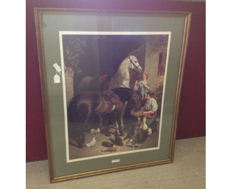 Framed & glazed print of a stable courtyard by J F Herring Snr. 85cm x 71cm.  