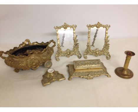 6 brass desk items to include 2 photograph frames, ink well, desk tidy, short candle stick and planter.  