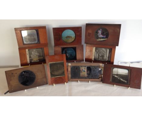 10 19th century magic lantern slides to include views of Paris and coloured examples. 3 a/f.  