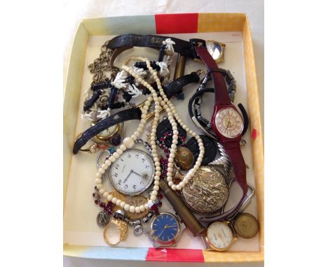 A tray of watches and costume jewellery to include a vintage Swatch watch.  