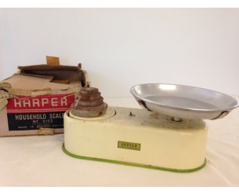 A set of Harper Household Scales with weights in original box.  