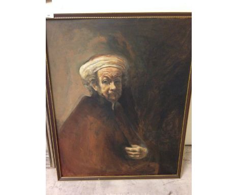 A framed oil on board portrait of Rembrandt, unsigned. 79 x 64cm.  