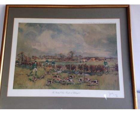 A framed & glazed Limited Edition hunting print 'The Radlet College Beagles at Shellingford' by John King 127/250. 53 x 64cm.