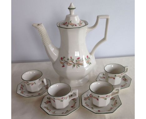 Johnson Bros 'Eternal Beau' pattern coffee pot & 4 coffee cups & saucers.  