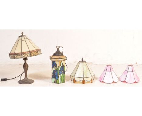 A collection of retro vintage 20th century Tiffany style lights lamps. The lot to include Art Nouveau style examples with bra