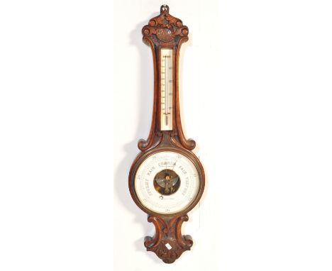 Victorian wall hanging oak carved wood banjo aneroid barometer. Cutts Sutton &amp; Son, Sheffield &amp; London. Measures appr