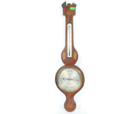 A 19th century George III J. Silva mahogany cased banjo barometer having a gilt metal dial, inlaid purfling edge with inlaid 