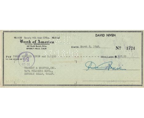 David Niven signed personalised Cheque dated March 8th 1948. James David Graham Niven (1 March 1910 - 29 July 1983) was a Bri
