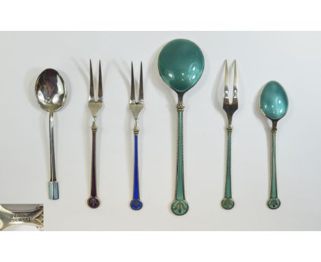 David Anderson Norway Small Selection of Silver and Enamel Forks and Spoons ( 6 ) Items In Total. All Marked D. A. Norway, St