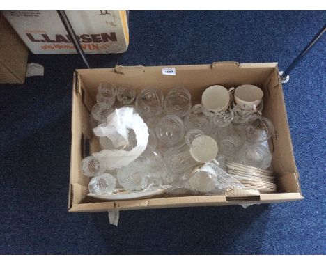 Box Of Assorted Glass Ware And Ceramics including good quality drinking glasses and Royal China "Queen Anne" part tea set.