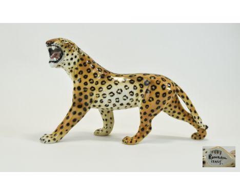 Italian Rouzau Fine and Naturalistic Ceramic Figure of a Leopard In Attacking Stance. 10 Inches High. 