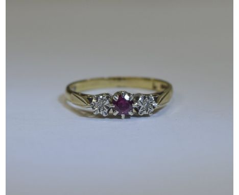 9ct Yellow Gold 3 Stone Ruby and Diamond Ring. Fully Hallmarked. Ring Size P