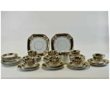 Court China 'WLL Diamond' Part Teaset comprising tea cups and saucers, sandwich/fruit plates, milk jug etc (34) pieces in tot