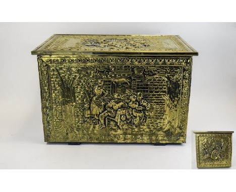 A Vintage Embossed Brass Lidded Box, Decorated with Figures From The 17th Century - Please See Photo. Size 12 Inches High, 18