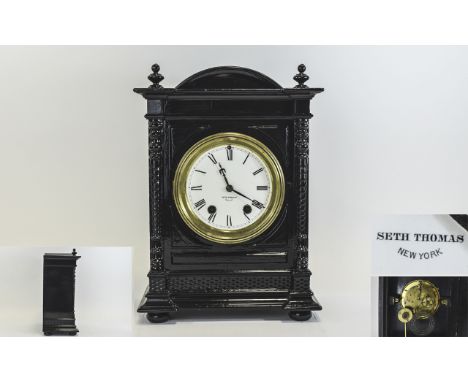 Seth Thomas New York Ebonised Wooden Mantel Clock with Eight Day Striking Half Hour and Hour Movement, with Outer Wheel White