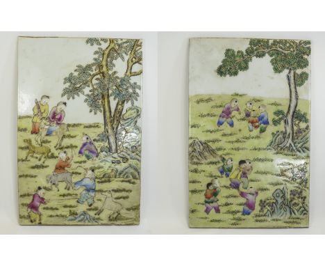 Chinese - 19th / 20th Century Large Rectangular Shaped Pair of Polychrome Brightly Coloured Tiles, Features One Tile Depictin