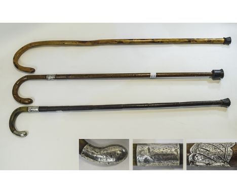 A Collection of Antique Walking Sticks, Two Sticks with Silver Hallmarked Mounts, 3 Walking Sticks In Total. Hallmarked Birmi