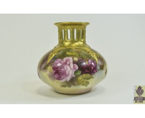 Royal Worcester Hand Painted and Signed Small Globular Shaped Vase, With Reticulated Neck ' Roses ' Stillife. Date 1919, Sign